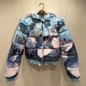 Dolls Kill blue hooded ballerina print puffer, size L